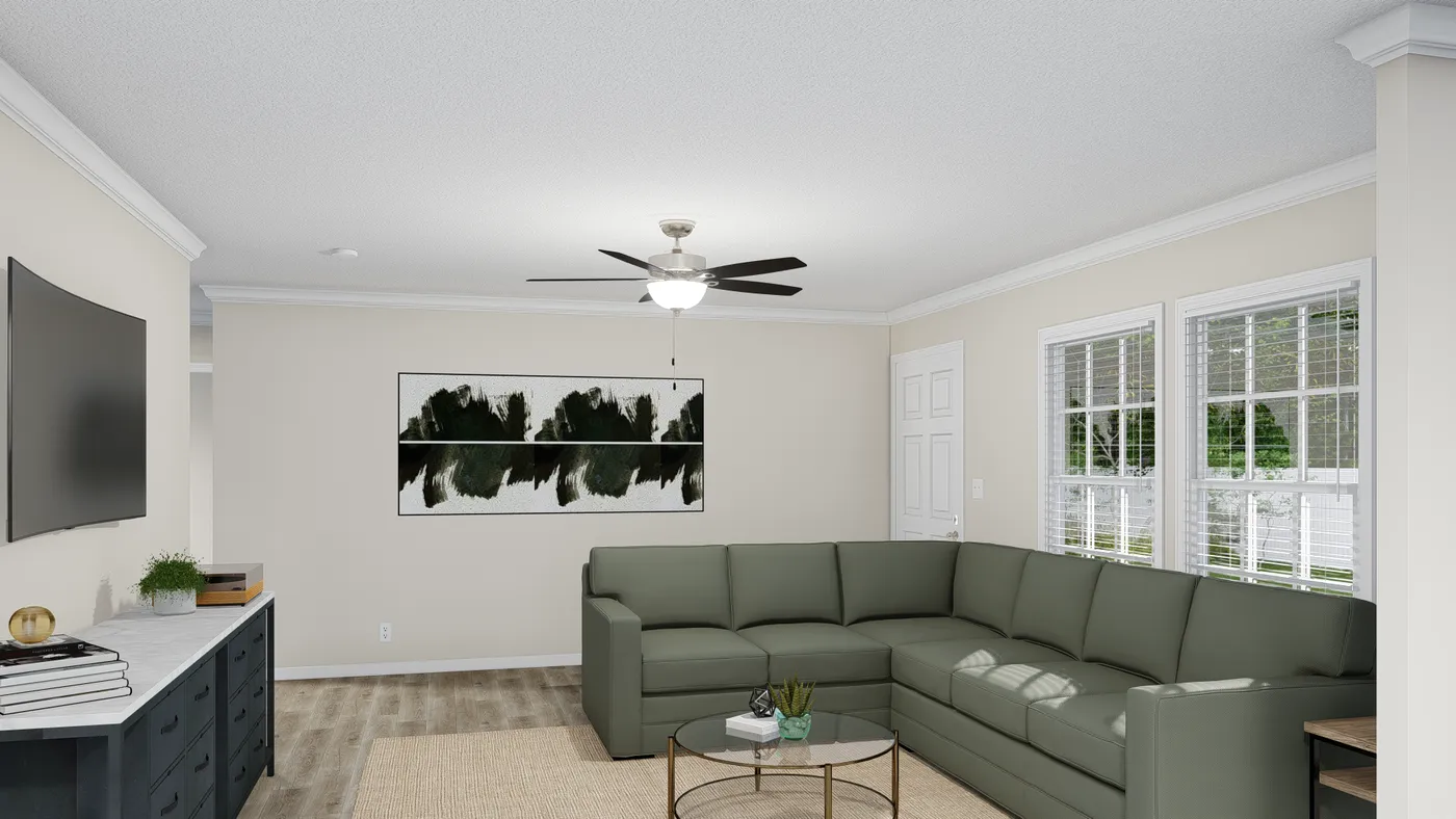 The PALMETTO 6101 Living Room. This Manufactured Mobile Home features 4 bedrooms and 2.5 baths.