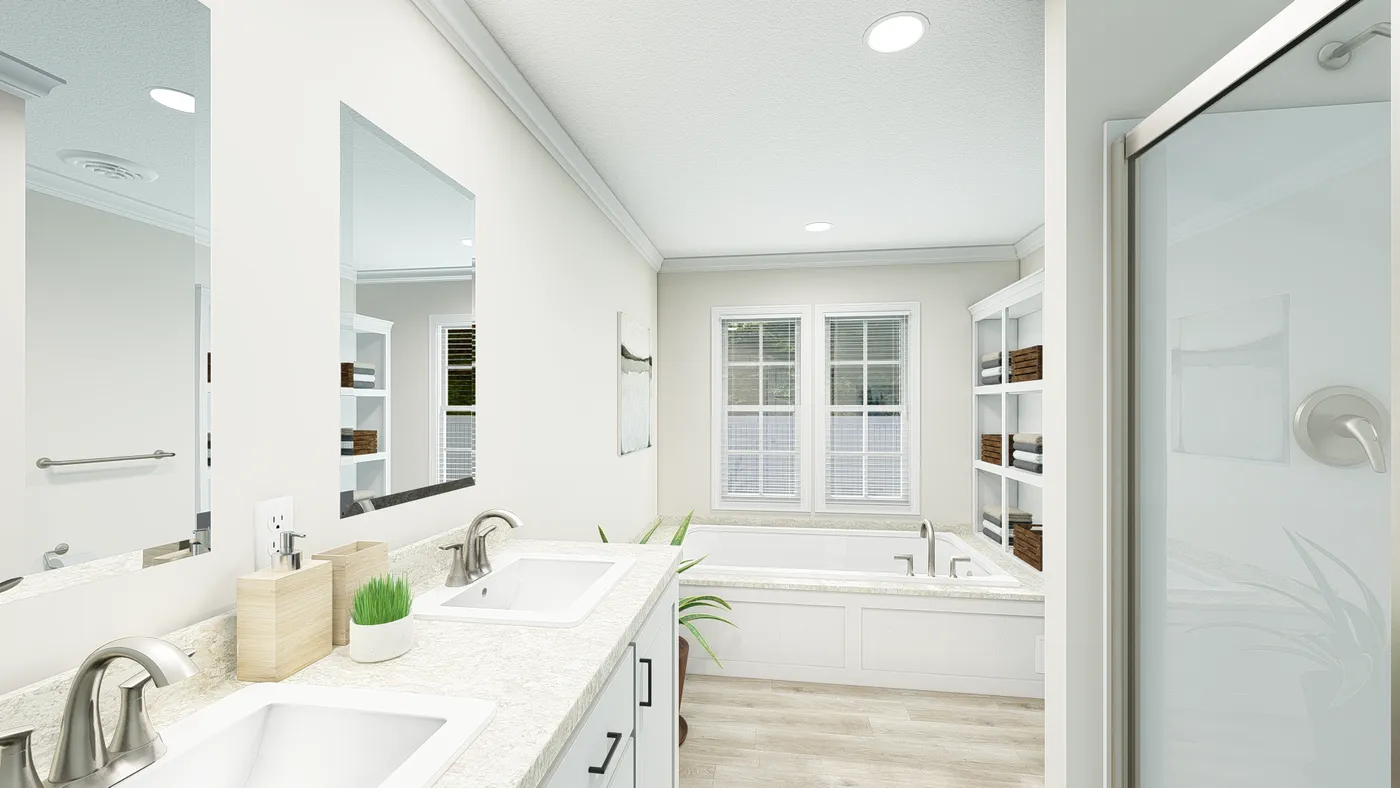 The HERITAGE 3101 Primary Bathroom. This Modular Home features 3 bedrooms and 2 baths.