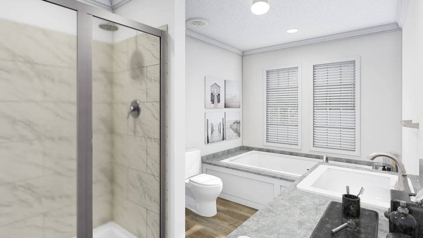 The BIG EASY M001 Primary Bathroom. This Manufactured Mobile Home features 4 bedrooms and 2 baths.